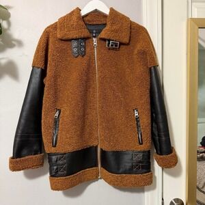 Missguided‎ Brown Teddy Sherpa Faux Leather Moto Jacket